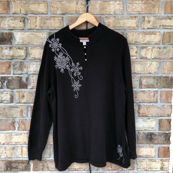 Quacker Factory Let It Snow Rhinestone Snowflakes Knit Black Sweater Top 1X - Picture 2 of 15